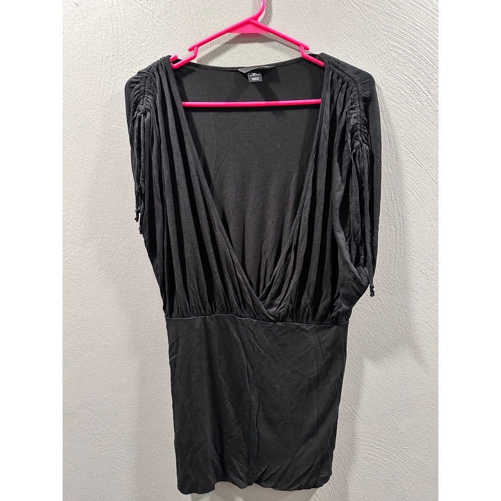 HM Womens Black Deep V Neck Ruched Shoulder Sleeveless Draped Blouse Size S